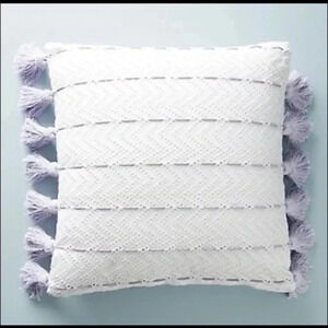 Anthropologie tasseled eyelet lavender pillow white purple tassels 22x22 square